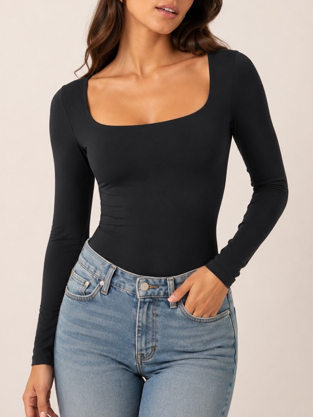 Abercrombie Square Neck Bodysuit Long Sleeve Fitted Smoothing Black Size Medium